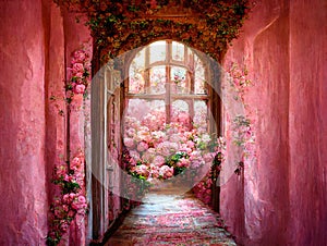 Pink castle hallway strewn red roses all around the door and window. Flowers everywhere. Victorian style. Ai digital art