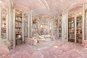 Pink castle living room strewn red roses all around the door and window. Flowers everywhere. Victorian style. Ai digital art