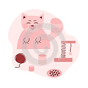 Pink cat illustration set with toys and plates. Cat playing and living room.