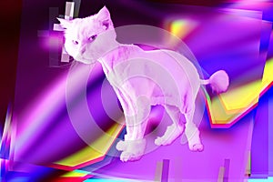 Pink cat. Retro wave synth vaporwave portrait of a funny cat. Concept of memphis style posters.