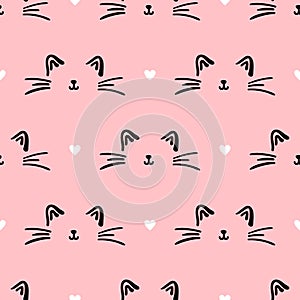 Pink cat seamless pattern. Meow and cat paws background vector illustration. Cute cartoon pastel character for nursery