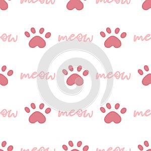 Pink cat seamless pattern. Meow and cat paws background vector illustration. Cute cartoon pastel character for nursery