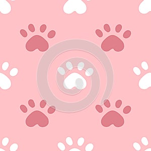 Pink cat seamless pattern. Meow and cat paws background vector illustration. Cute cartoon pastel character for nursery