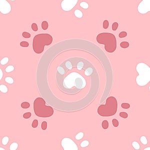 Pink cat seamless pattern. Meow and cat paws background vector illustration. Cute cartoon pastel character for nursery