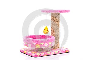 Pink cat tree on white background