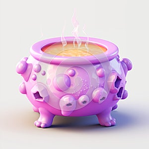 Pink Cauldron with orange magic boiling charmful bubble potion or fairy witching toxic poison soup. Object for Halloween
