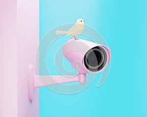 Pink CCTV security camera and yellow bird
