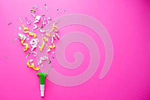 Pink Celebration,party backgrounds concepts ideas with colorful confetti,streamers on white.Flat lay design.