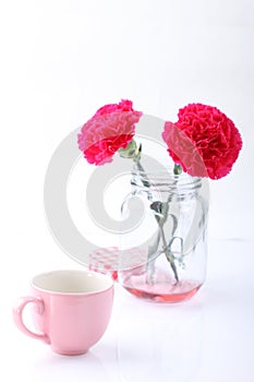 Pink ceramic cup and red carnation flower