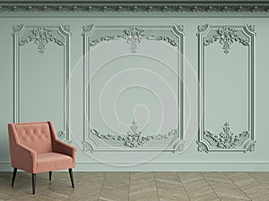 Pink chair in classic vintage interior with copy space