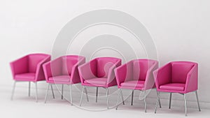 Pink chairs in waiting room, job interview concept, 3d illustration