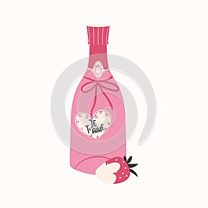 Pink champagne bottle with heart, strawberry and Je t\'aime text. Happy Valentine\'s Day card vector Illustration isolated on whit