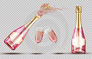 Rosa champán explosión una botella a copas de vino colocar 