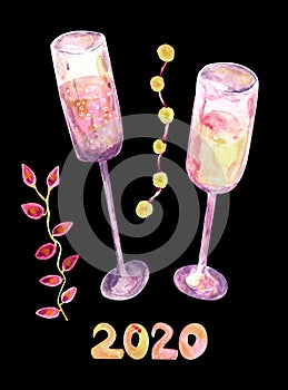 Pink champagne glasses with sparkling rose wine