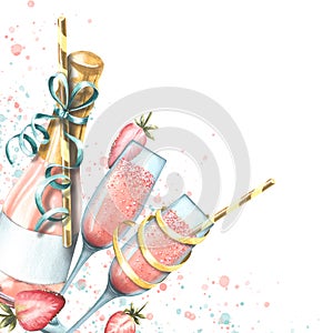 Pink champagne with strawberries in a bottle and glasses. Watercolor illustration. A form for decoration and design from