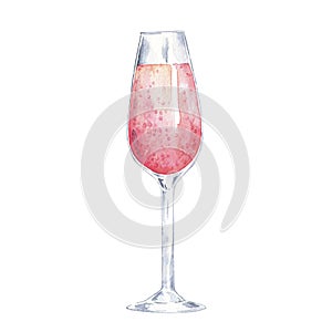 Pink champagne wine glass. Watercolor.