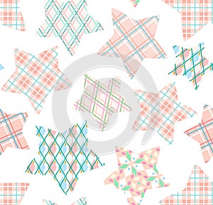 Pink checkered stars, seamless pattern, white, vector