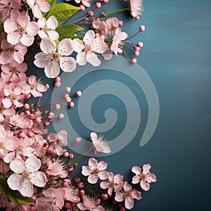 Pink Cherry Blossom on blue background with copy space. Welcome Spring background