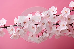 Pink cherry blossom branch with pink flowers and dew moisture. Macro shot of almond blossom or sakura branch with