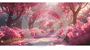 Pink cherry blossom forest path