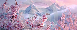 Pink cherry blossom in the mountains in early spring with snow, generated ai