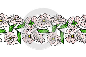 Pink cherry blossom. Seamless pattern. Banner with color berries. Vector illustration