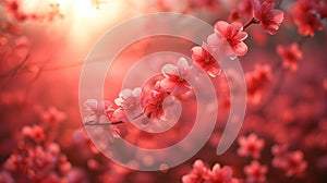 Pink cherry blossom, spring flowers on with contoured sunlight, beautiful nature wallpaper, springtime, AI Generated