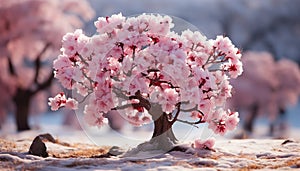 The pink cherry blossom tree blooms in the springtime generated by AI