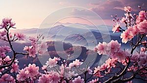 The pink cherry blossom tree blossoms in the springtime generated by AI