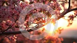Pink Cherry Blossom Tree with sun setting through branches