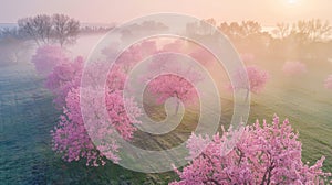 Pink cherry blossom trees in foggy sky, creating atmospheric beauty