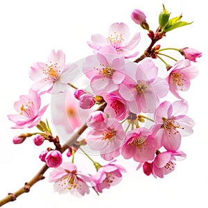 Pink Cherry Blossom on White Background, Isolated Sakura Tree Branch photo