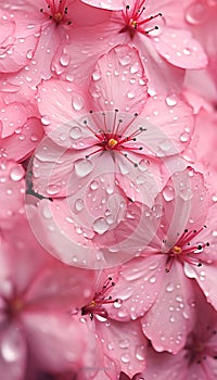 Pink cherry blossoms with drops of water, rain, dew, pink petals close-up view. Flowering flowers, a symbol of spring, new life