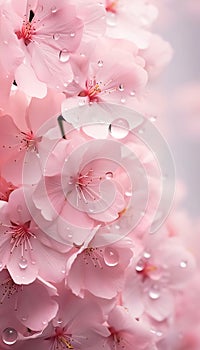 Pink cherry blossoms with drops of water, rain, dew, pink petals close-up view. Flowering flowers, a symbol of spring, new life