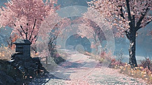 Pink Cherry Blossoms Path Spring Landscape