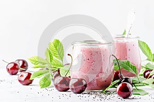 Pink cherry milkshake or smoothies with fresh berry and chia seeds, white stone kitchen background, place for text, top view