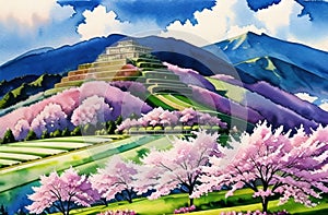 Pink cherry tree blossom flowers blooming in spring, sakura, easter time. ai generated landscape