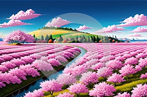 Pink cherry tree blossom flowers blooming in spring, sakura, easter time. ai generated landscape