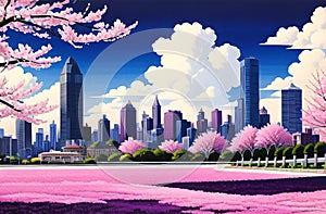 Pink cherry tree blossom flowers blooming in spring, sakura, easter time. ai generated landscape