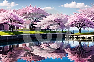 Pink cherry tree blossom flowers blooming in spring, sakura, easter time. ai generated landscape