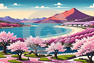 Pink cherry tree blossom flowers blooming in spring, sakura, easter time. ai generated landscape