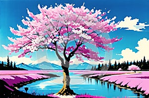 Pink cherry tree blossom flowers blooming in spring, sakura, easter time. ai generated landscape