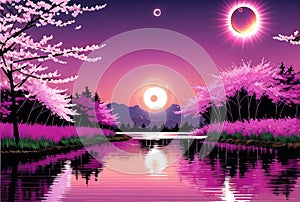 Pink cherry tree blossom flowers blooming in spring, sakura, easter time. ai generated landscape