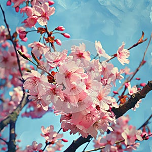 Pink Cherry Tree Blossoms, Japan Spring Garden, Blooming Sakura, Cherry Flowers on Blue Backgroundn