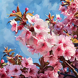 Pink Cherry Tree Blossoms, Japan Spring Garden, Blooming Sakura, Cherry Flowers on Blue Backgroundn