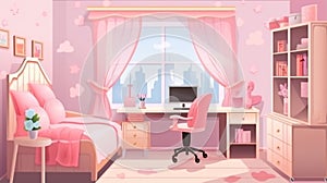 Pink children room interior with bed, desk and chair. Girl bedroom design workplace pc generative ai