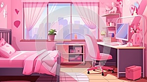 Pink children room interior with bed, desk and chair. Girl bedroom design workplace pc generative ai