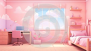 Pink children room interior with bed, desk and chair. Girl bedroom design workplace pc generative ai