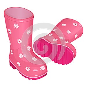 Pink children`s rubber boots for a girl, with a pattern of white flowers, on a corrugated sole, one stands, the other lies.