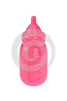 Pink children`s toy bottle. On a white background, isolated